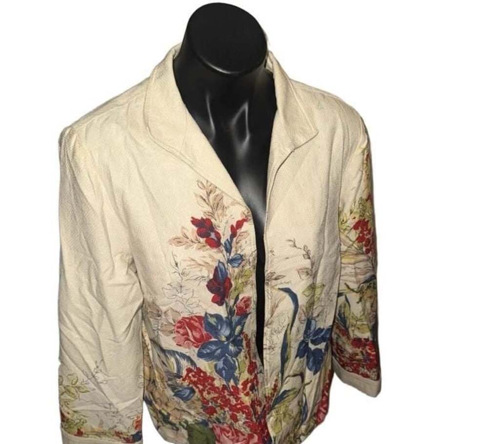 Coldwater Creek Cream Floral Waffle Weave Open Front Jacket Petite 14